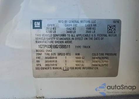 2016 GMC Canyon Slt z USA, uszkodzony, nr VIN 1GTP6DE18G1388511